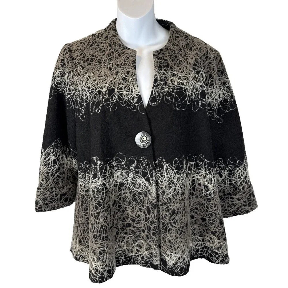 Ali Miles Art to Wear Jacket S Black Ivory Grey Statement Button Collarless